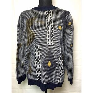 Generra Men's Crewneck Pullover Sweater L Black/White/Tan Geometric  grandpa